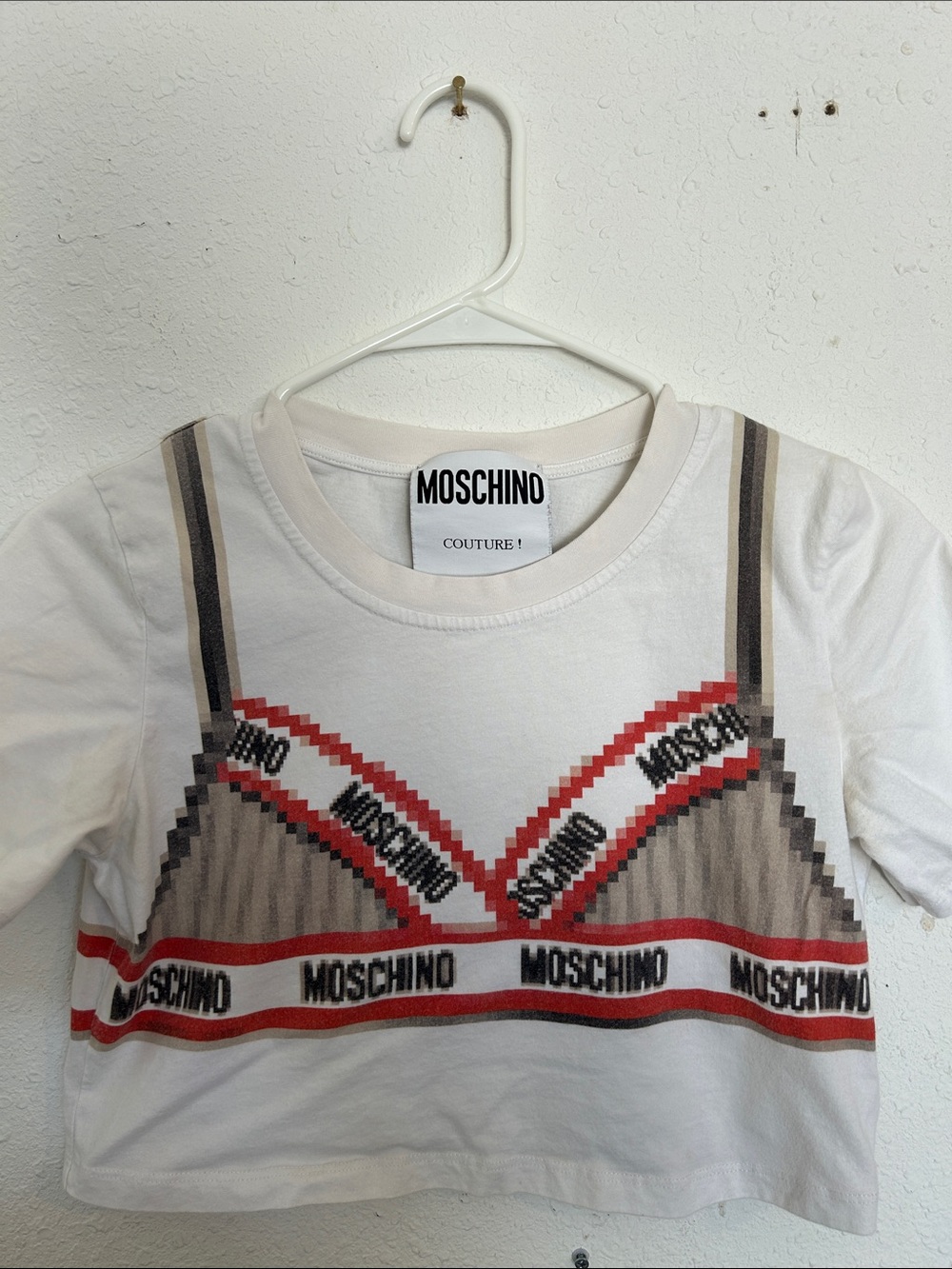 Moschino White Cropped Logo Bra-Print Tee with Red Accents